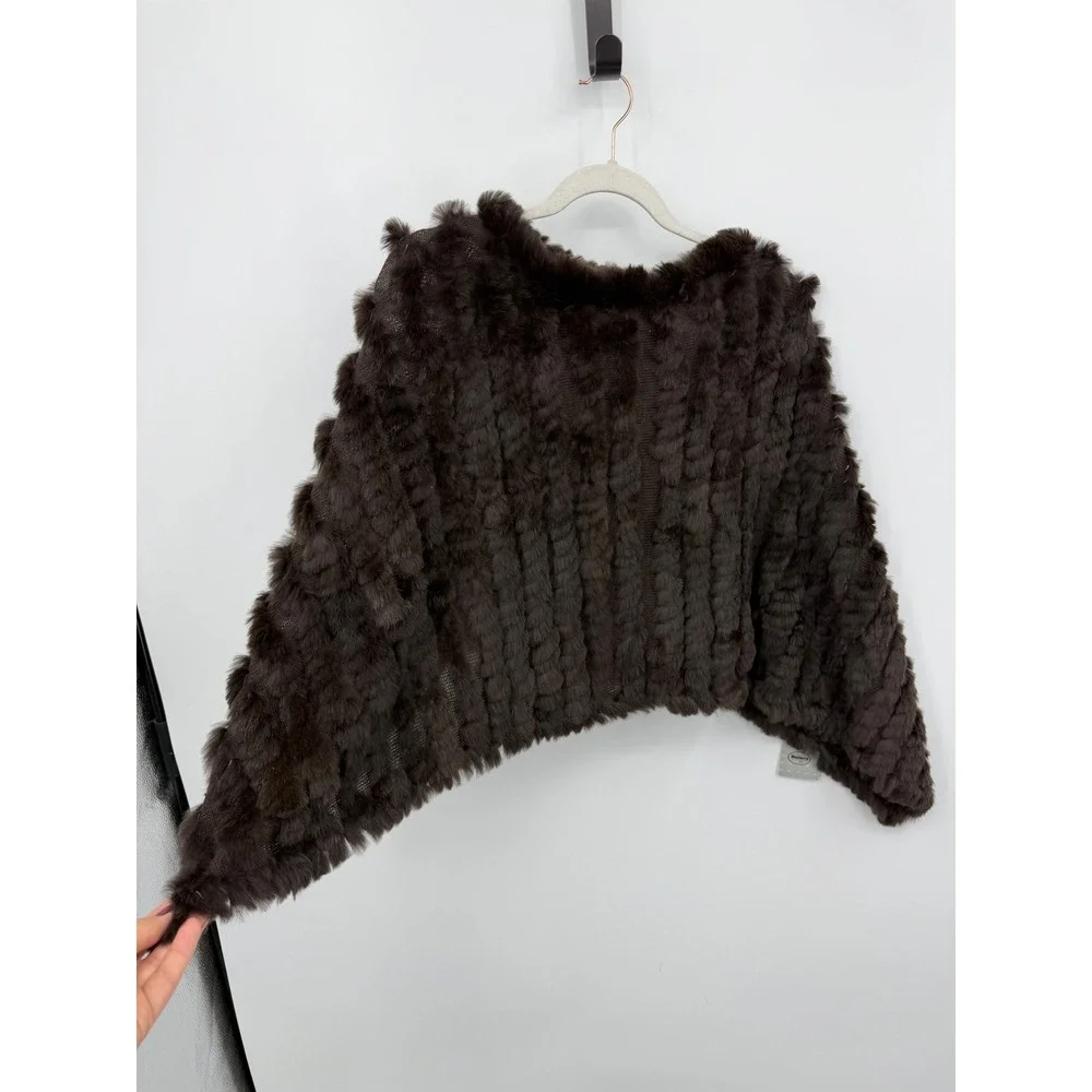 Solnex Knit Rabbit Fur Poncho Wrap Women One Size Brown Luxury Glam Accessory